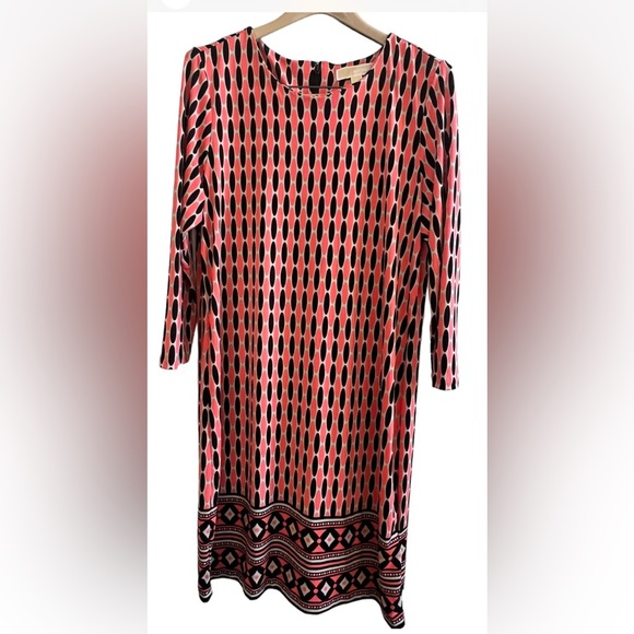 MICHAEL KORS Size Large Multicolor Geometric Sheath Cocktail Dress Coral Black - Picture 1 of 5